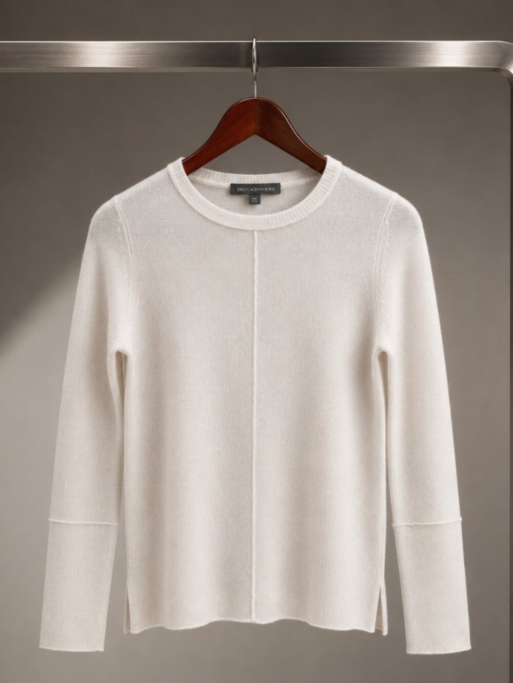 360 Cashmere 100% Cashmere Crewneck Sweater Ivory Exposed Seam Rolled Hem XS